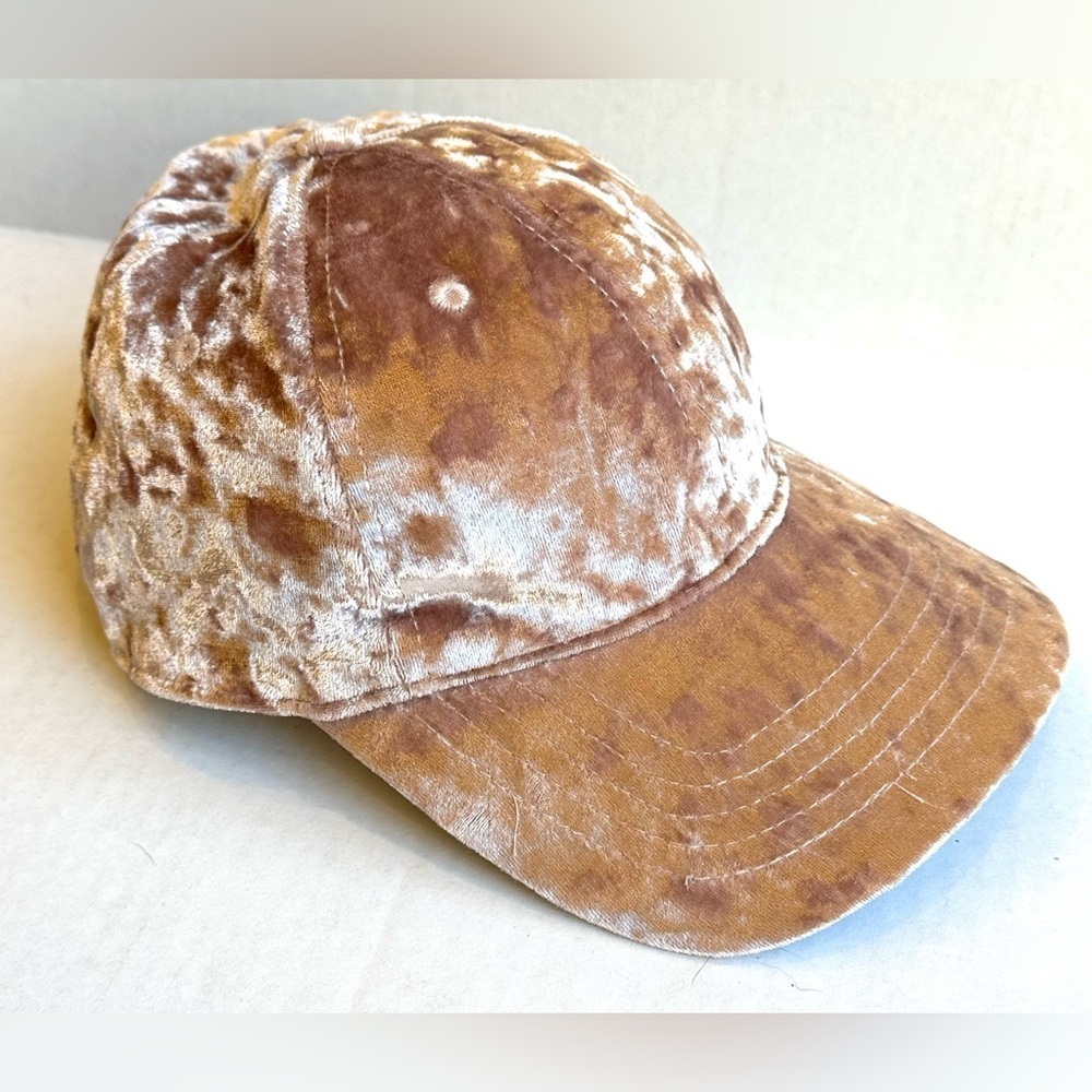 Blush Champagne Shimmer Crushed Velvet Slouchy Sporty Baseball Cap Sz OS